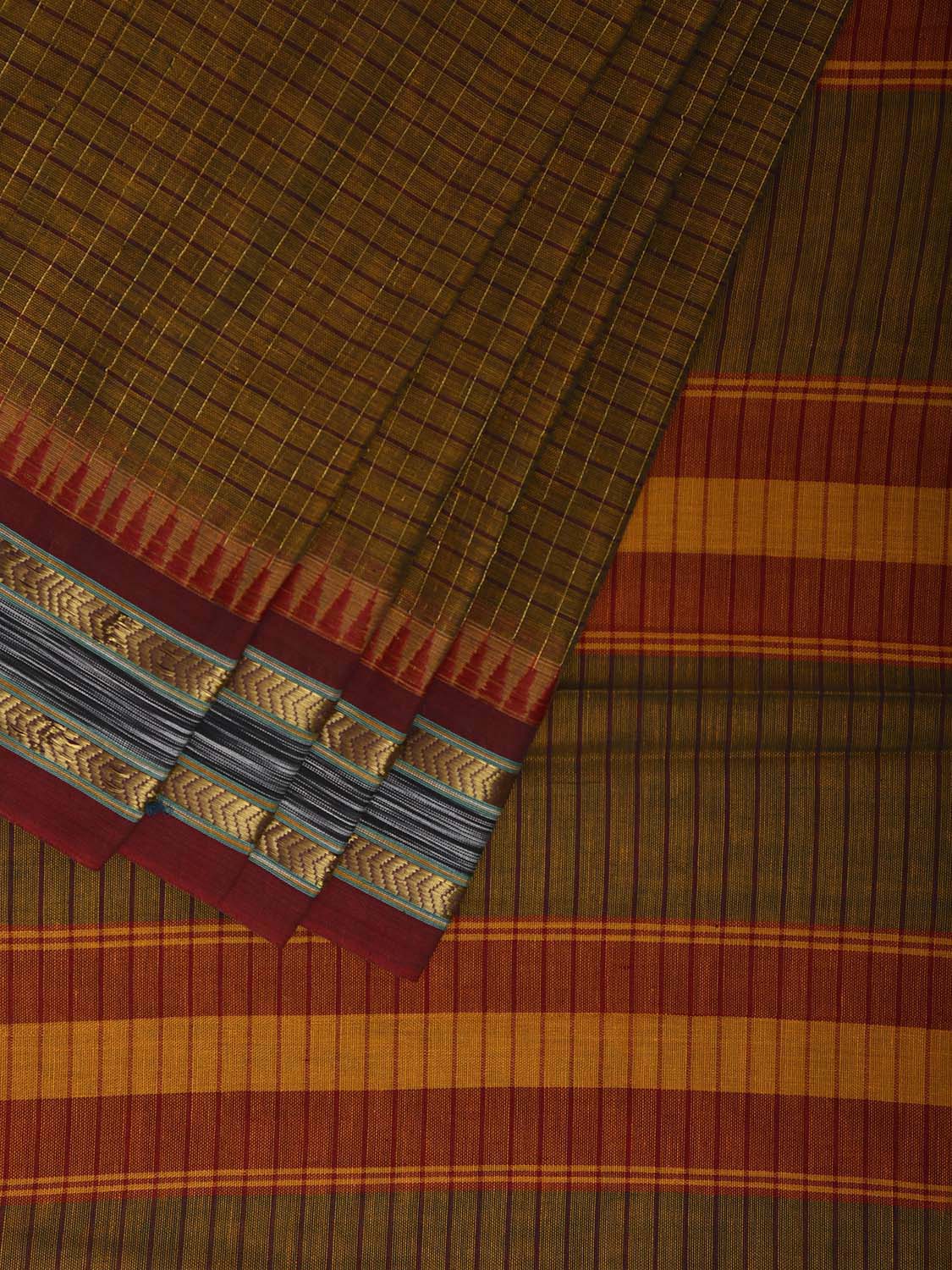 Olive and Red Narayanpet Cotton Saree with Checks and Strips Pallu Design np1214