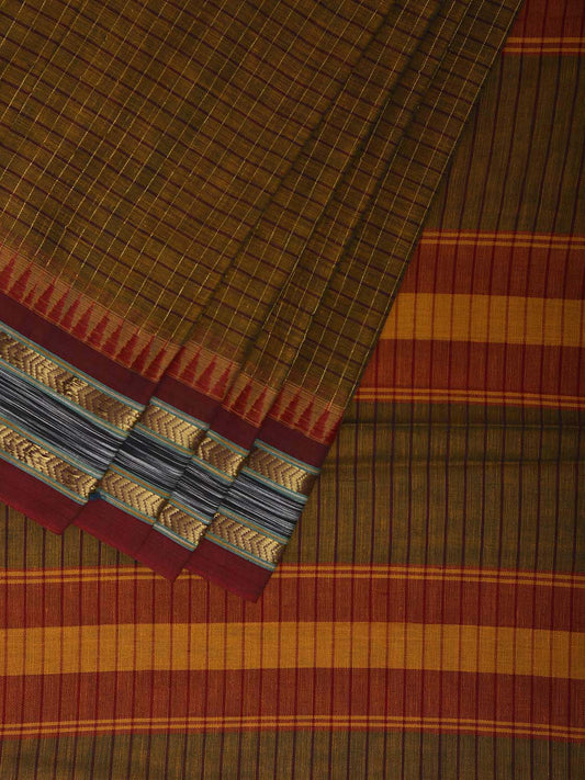 Olive and Red Narayanpet Cotton Saree with Checks and Strips Pallu Design np1214
