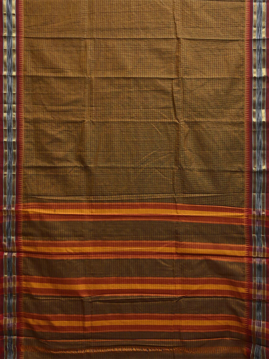 Olive and Red Narayanpet Cotton Saree with Checks and Strips Pallu Design np1214