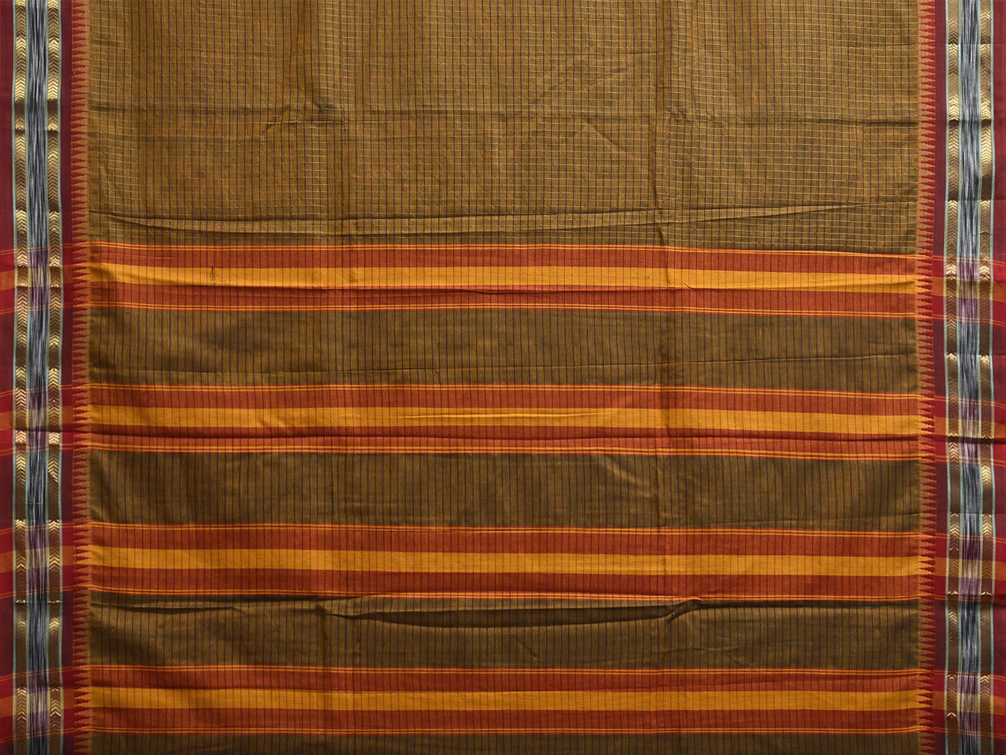 Olive and Red Narayanpet Cotton Saree with Checks and Strips Pallu Design np1214