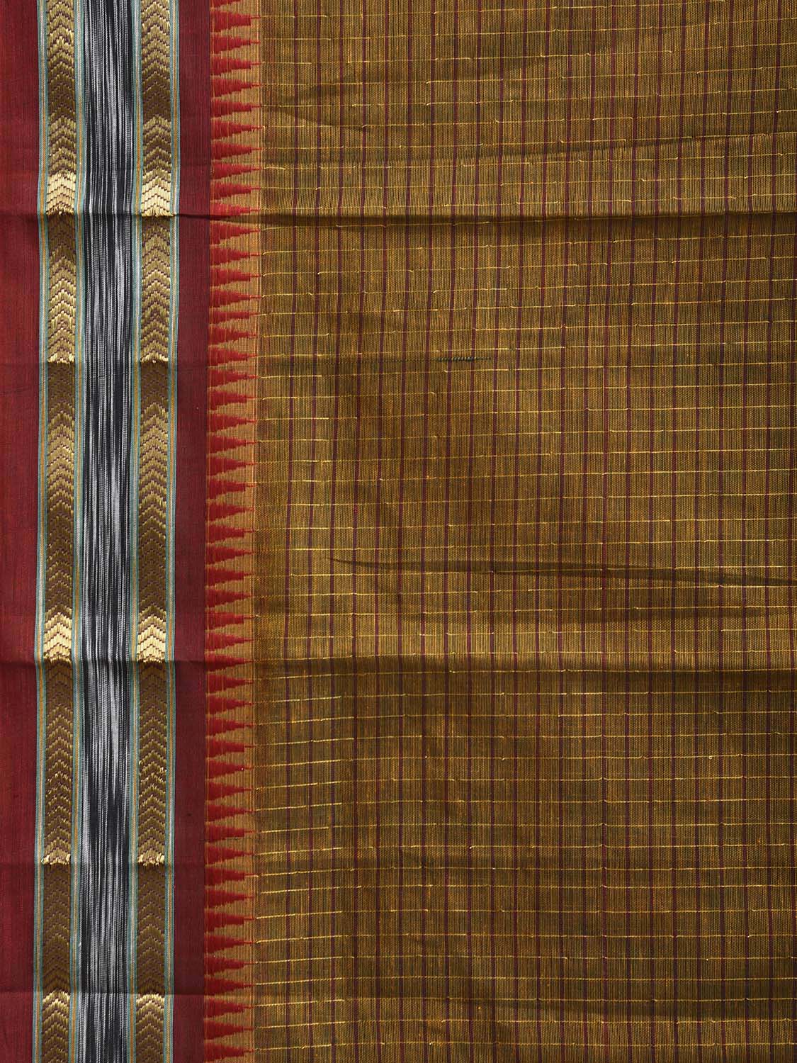 Olive and Red Narayanpet Cotton Saree with Checks and Strips Pallu Design np1214