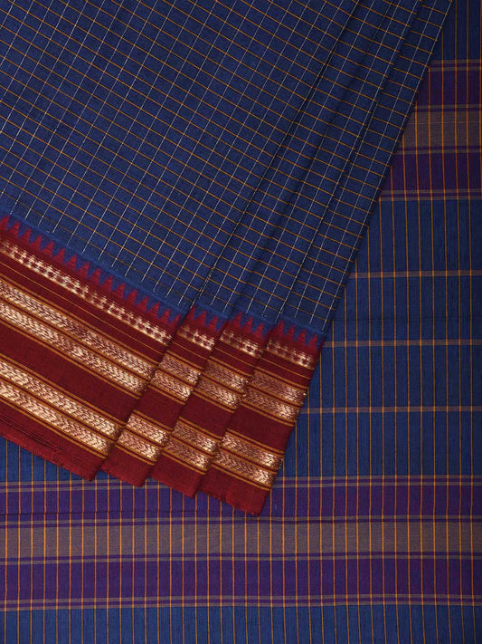 Blue and Red Narayanpet Cotton Saree with Checks and Strips Pallu Design np1215