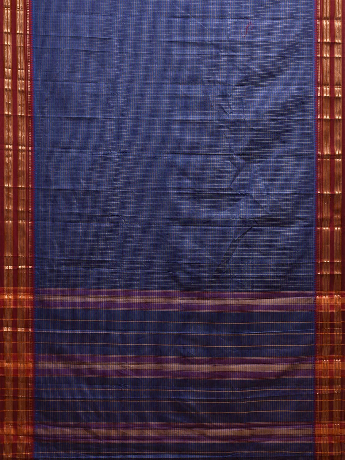 Blue and Red Narayanpet Cotton Saree with Checks and Strips Pallu Design np1215