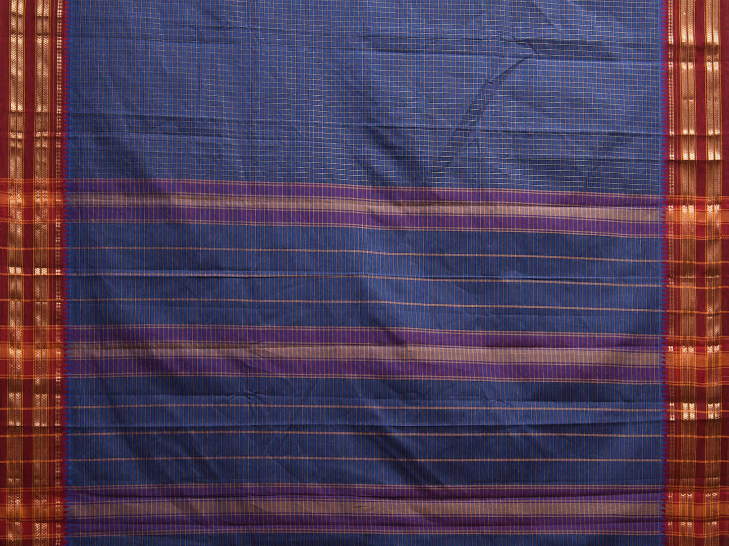 Blue and Red Narayanpet Cotton Saree with Checks and Strips Pallu Design np1215