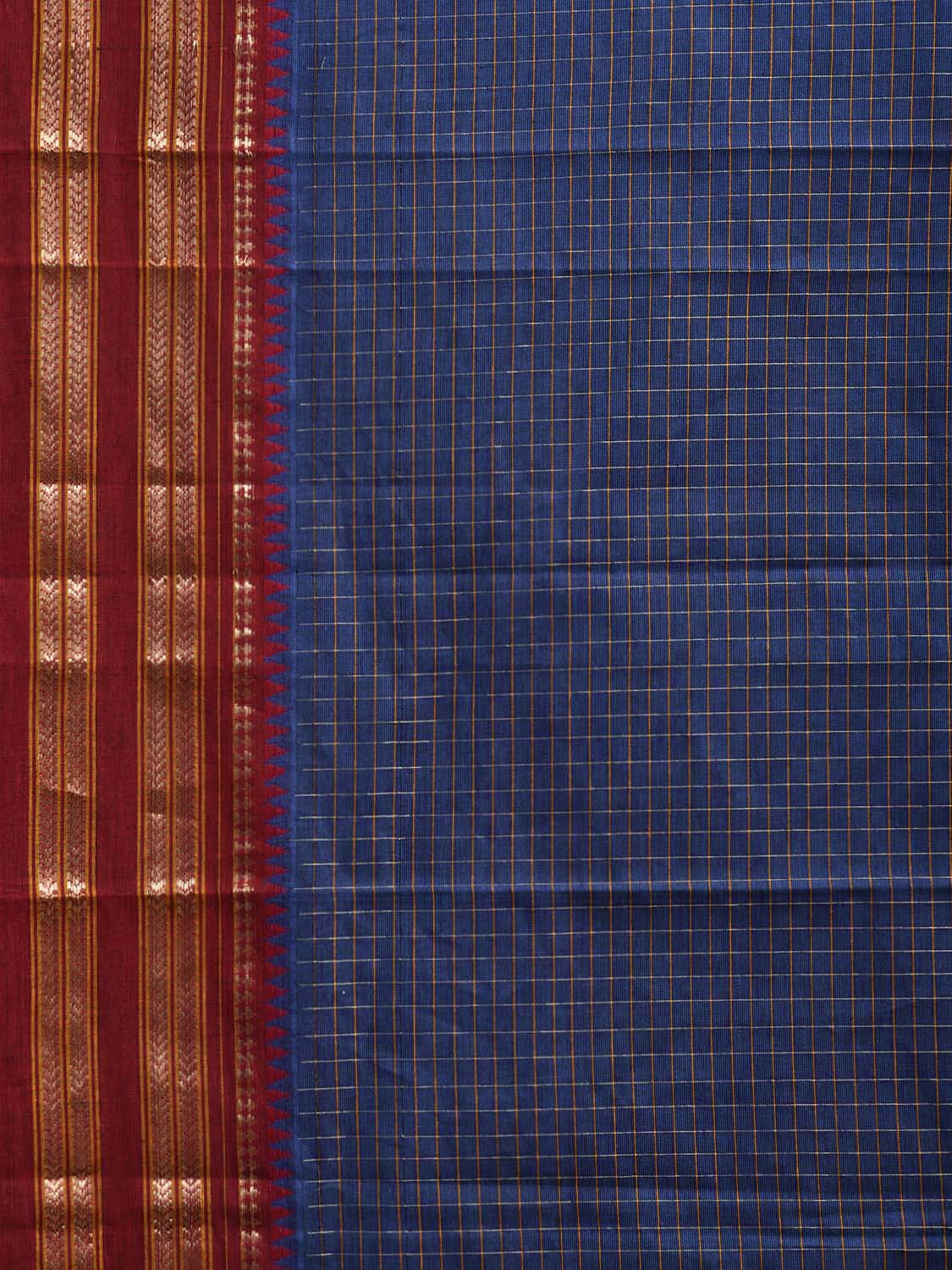 Blue and Red Narayanpet Cotton Saree with Checks and Strips Pallu Design np1215