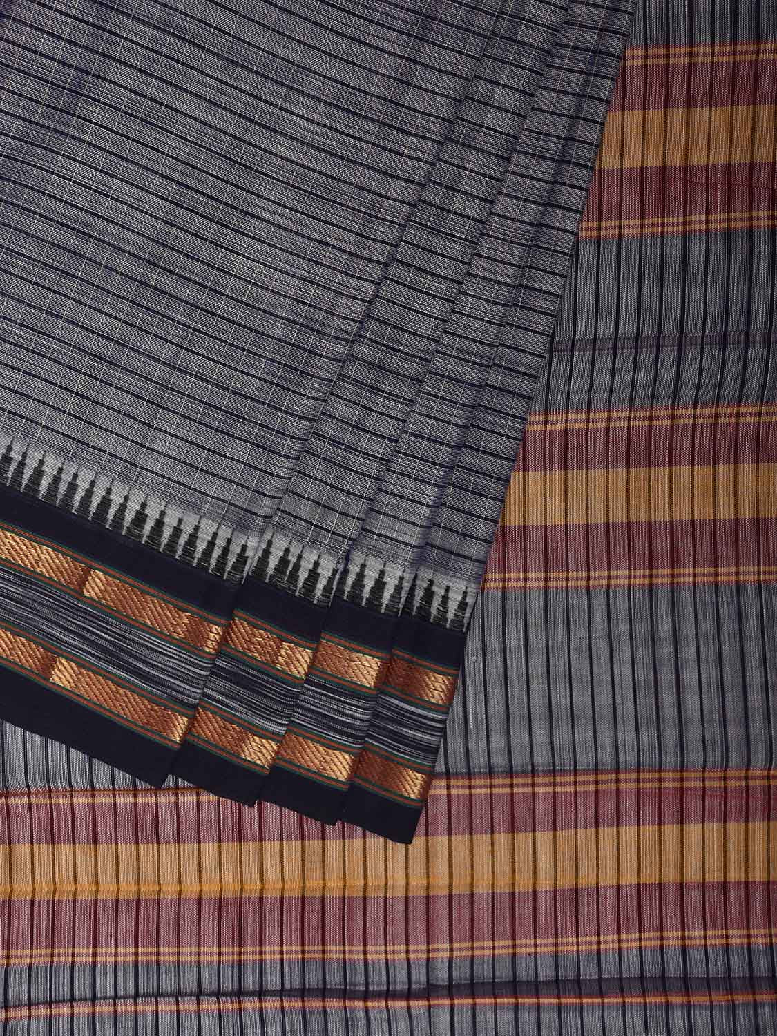 Grey and Black Narayanpet Cotton Saree with Checks and Strips Pallu Design np1216