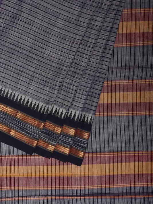 Grey and Black Narayanpet Cotton Saree with Checks and Strips Pallu Design np1216