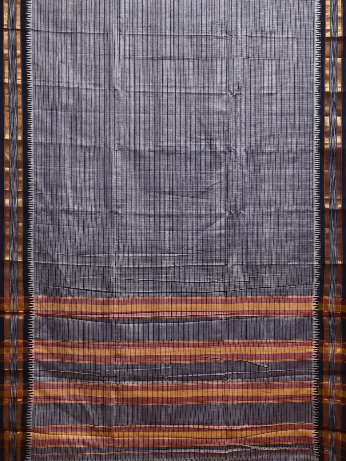 Grey and Black Narayanpet Cotton Saree with Checks and Strips Pallu Design np1216
