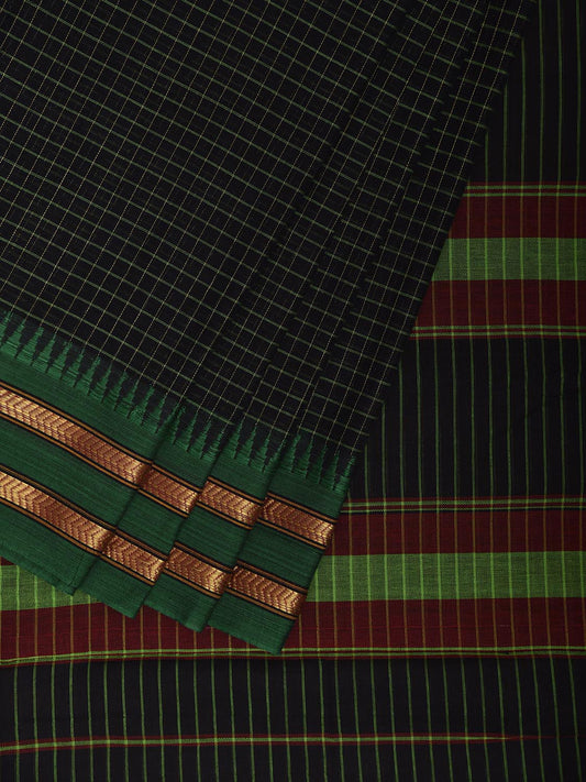 Black and Green Narayanpet Cotton Saree with Checks and Strips Pallu Design np1217