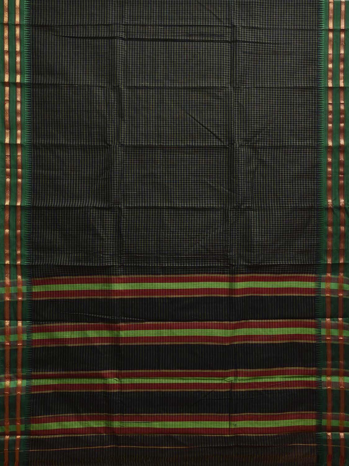 Black and Green Narayanpet Cotton Saree with Checks and Strips Pallu Design np1217