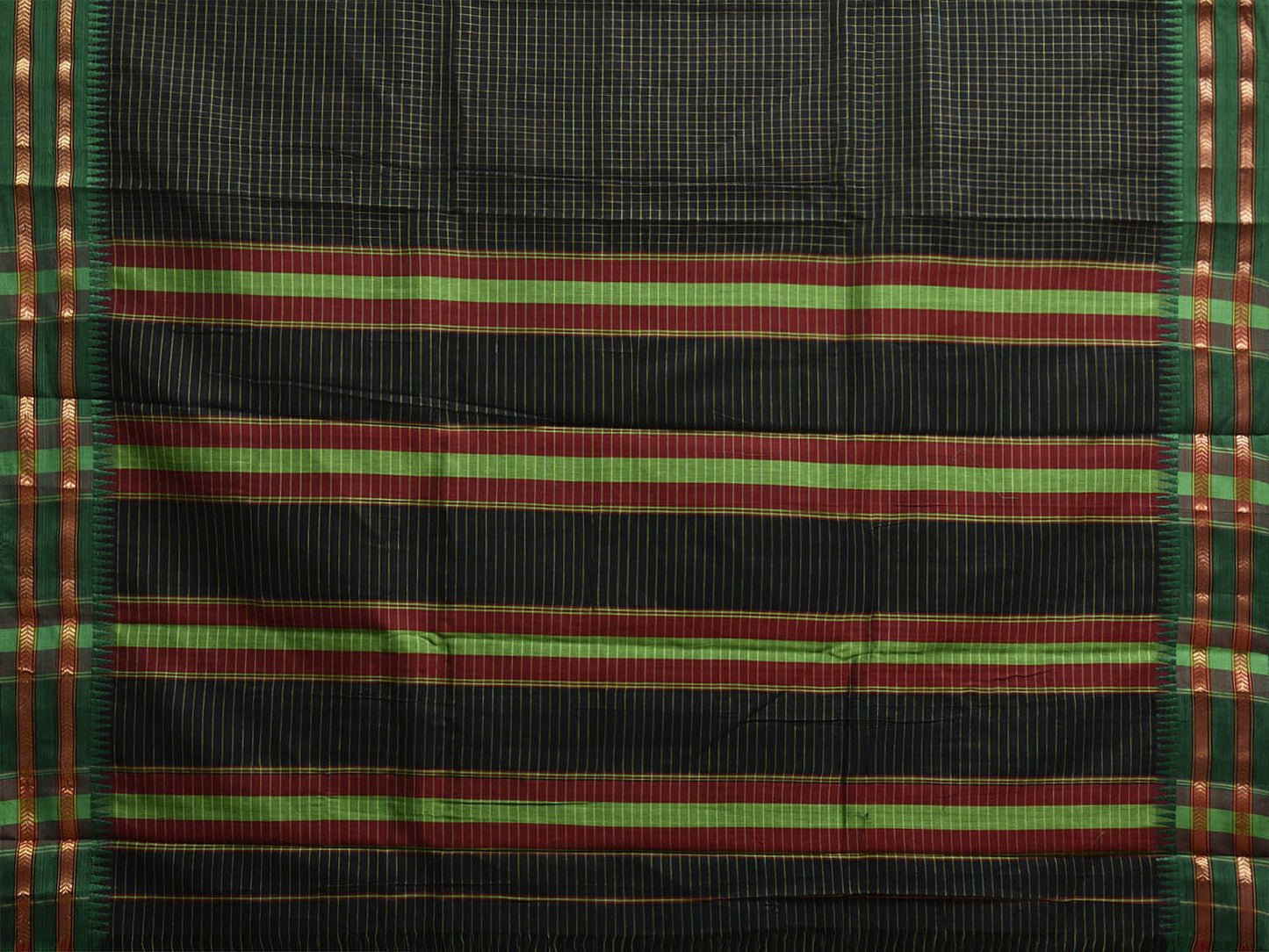 Black and Green Narayanpet Cotton Saree with Checks and Strips Pallu Design np1217