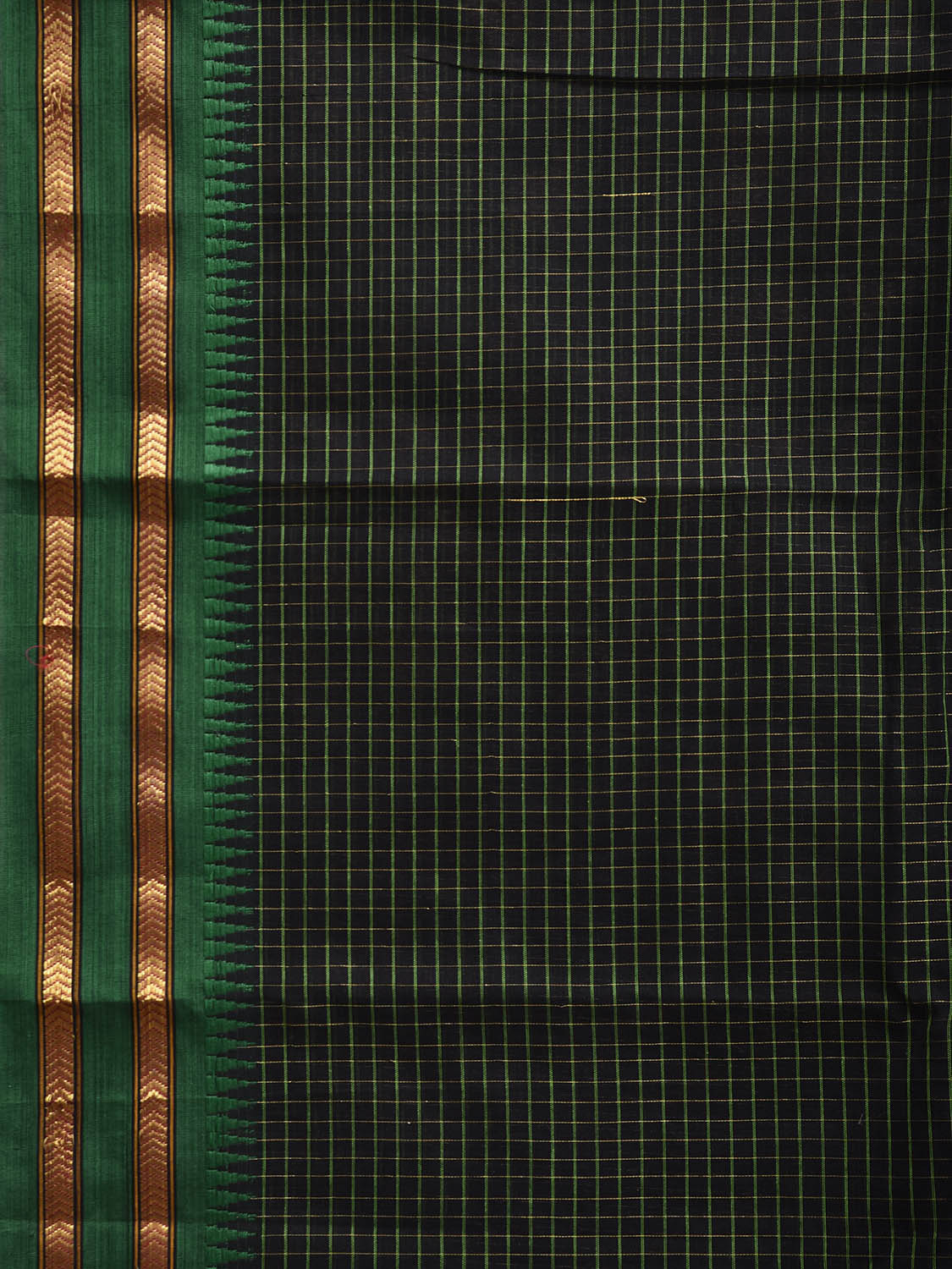 Black and Green Narayanpet Cotton Saree with Checks and Strips Pallu Design np1217