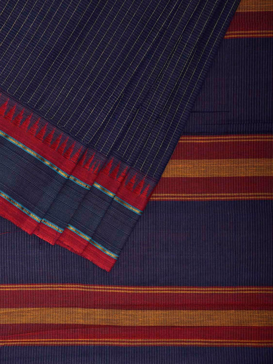 Blue and Red Narayanpet Cotton Saree with Strips Body and Pallu Design np1219