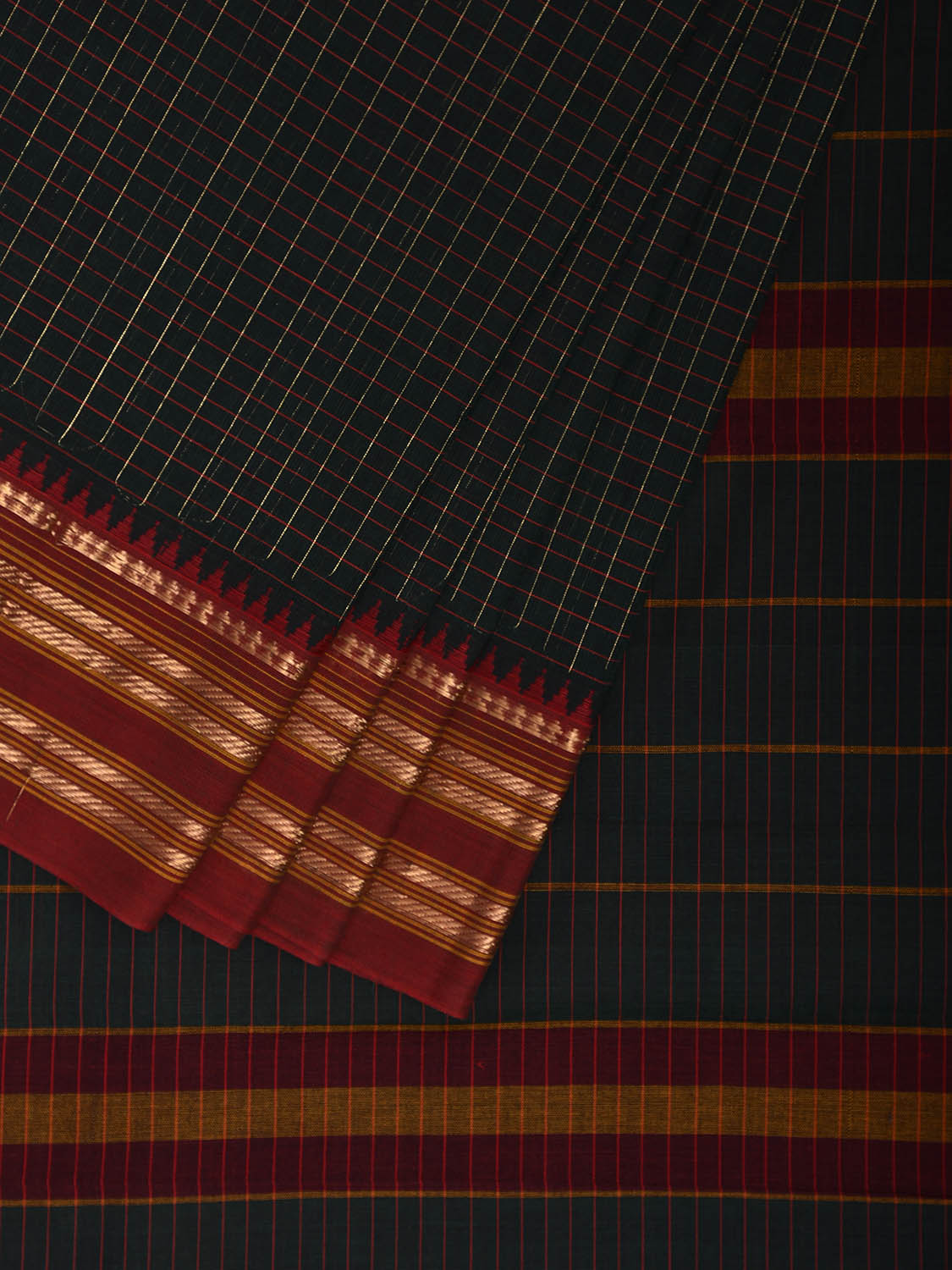 Black and Red Narayanpet Cotton Saree with Checks and Strips Pallu Design np1221