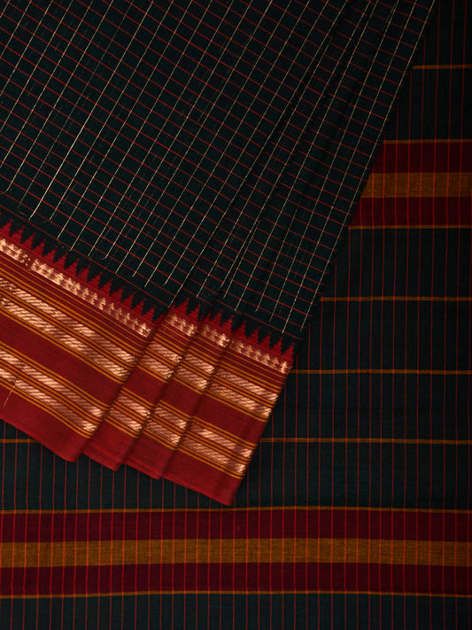 Black and Red Narayanpet Cotton Saree with Checks and Strips Pallu Design np1221