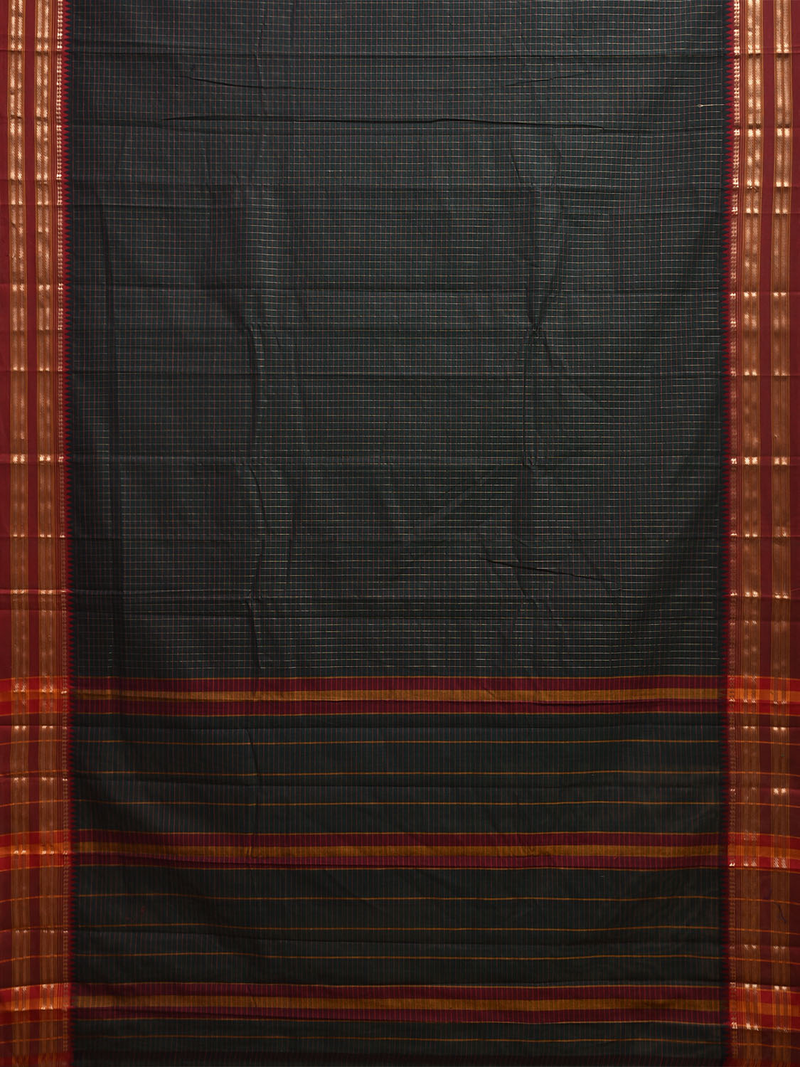Black and Red Narayanpet Cotton Saree with Checks and Strips Pallu Design np1221