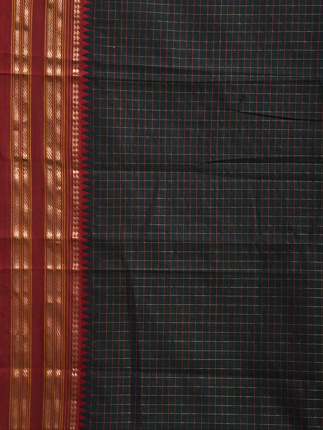 Black and Red Narayanpet Cotton Saree with Checks and Strips Pallu Design np1221