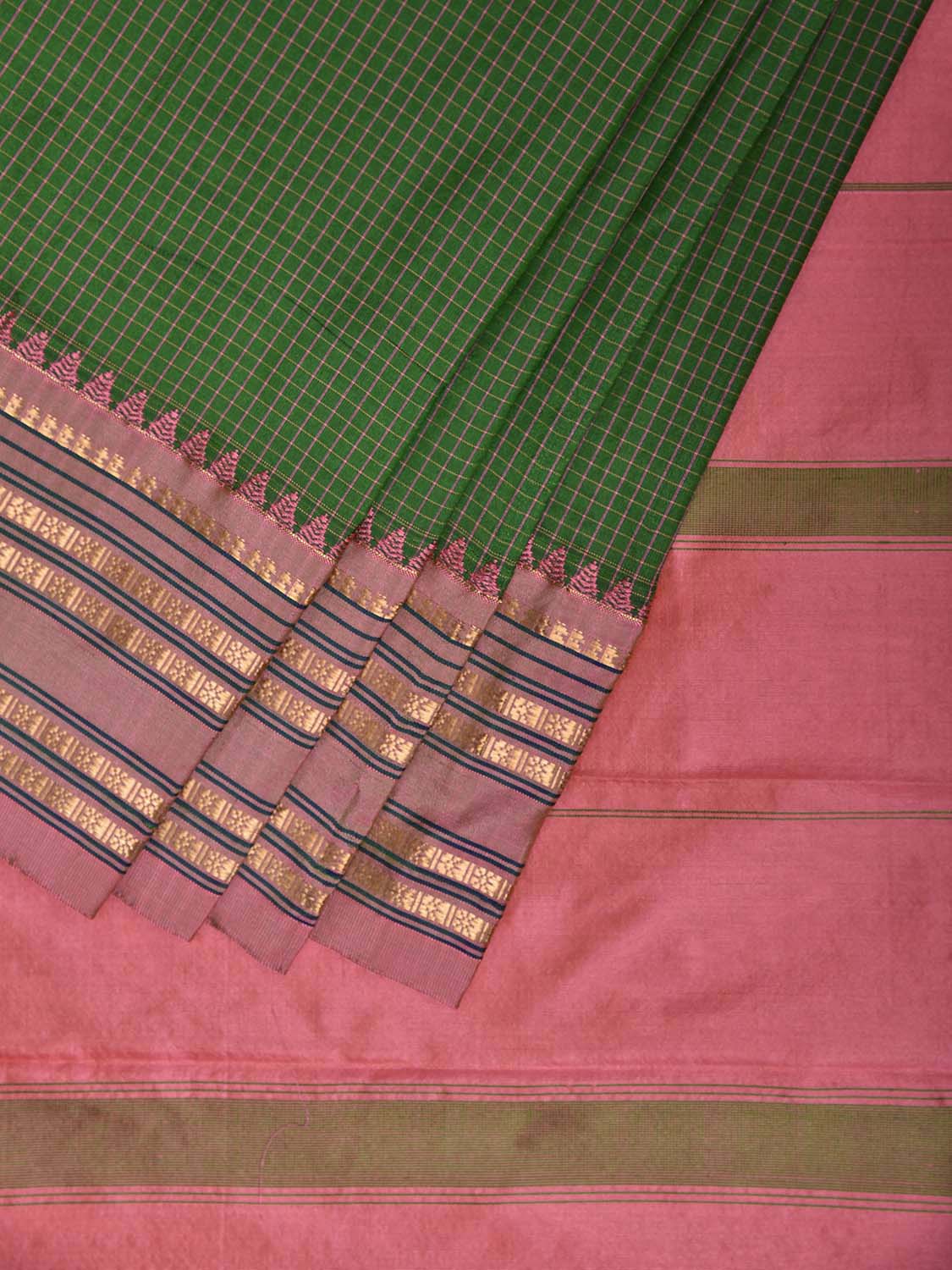Green and Peach Narayanpet Silk Saree with Checks Design np1222