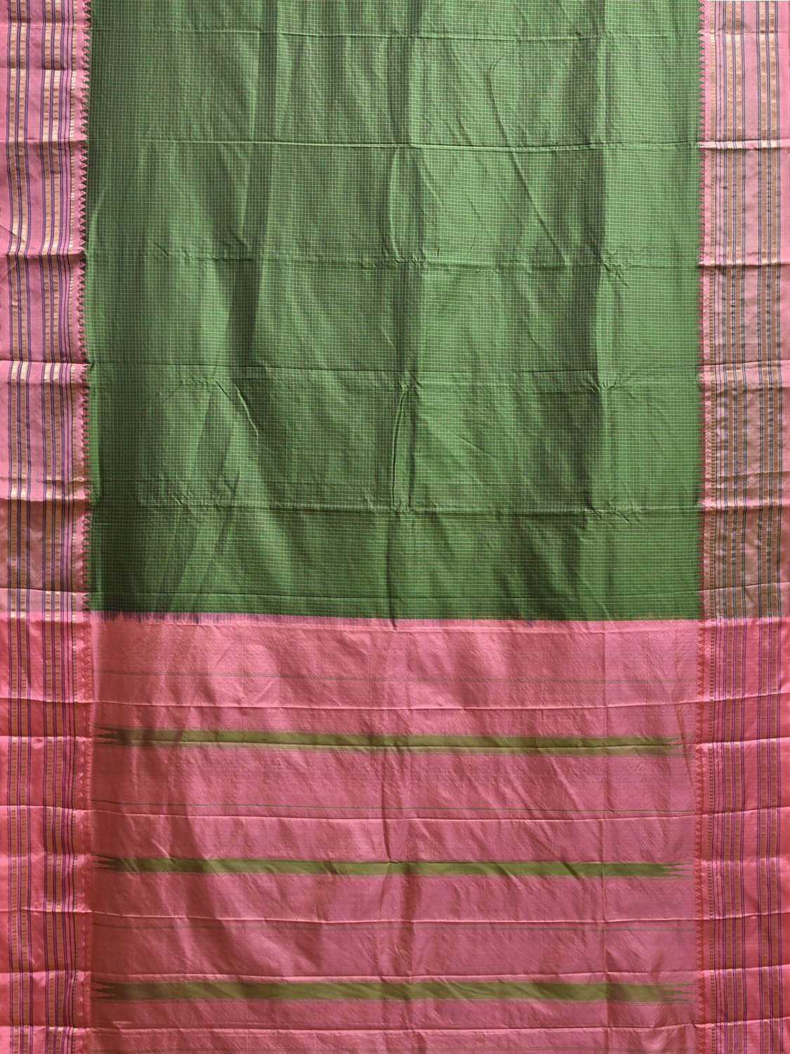 Green and Peach Narayanpet Silk Saree with Checks Design np1222