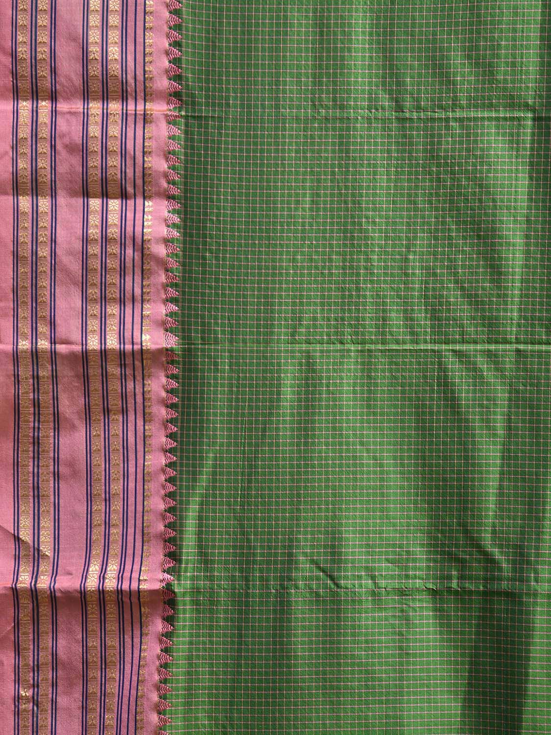 Green and Peach Narayanpet Silk Saree with Checks Design np1222