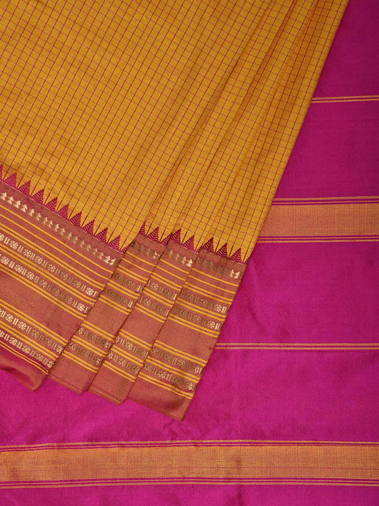 Yellow and Pink Narayanpet Silk Saree with Checks Design np1223