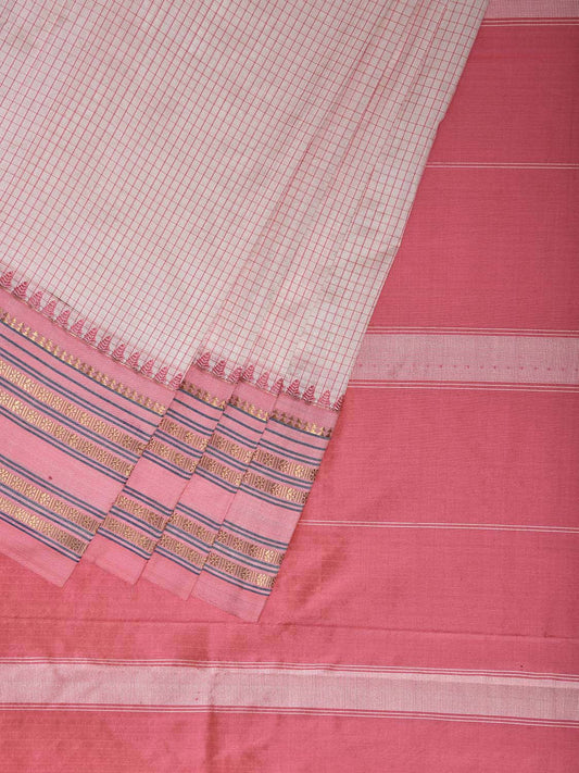 White and Peach Narayanpet Silk Saree with Checks Design np1224