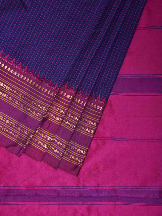 Dark Blue and Pink Narayanpet Silk Saree with Checks Design np1225