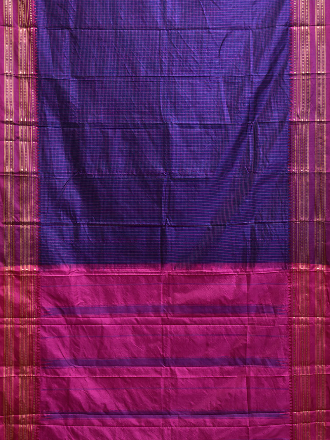 Dark Blue and Pink Narayanpet Silk Saree with Checks Design np1225
