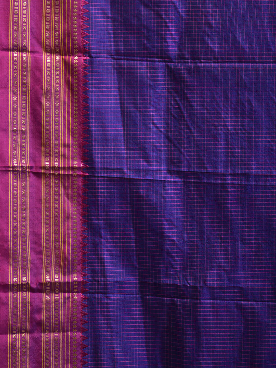 Dark Blue and Pink Narayanpet Silk Saree with Checks Design np1225