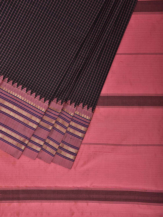 Black and Peach Narayanpet Silk Saree with Checks Design np1226