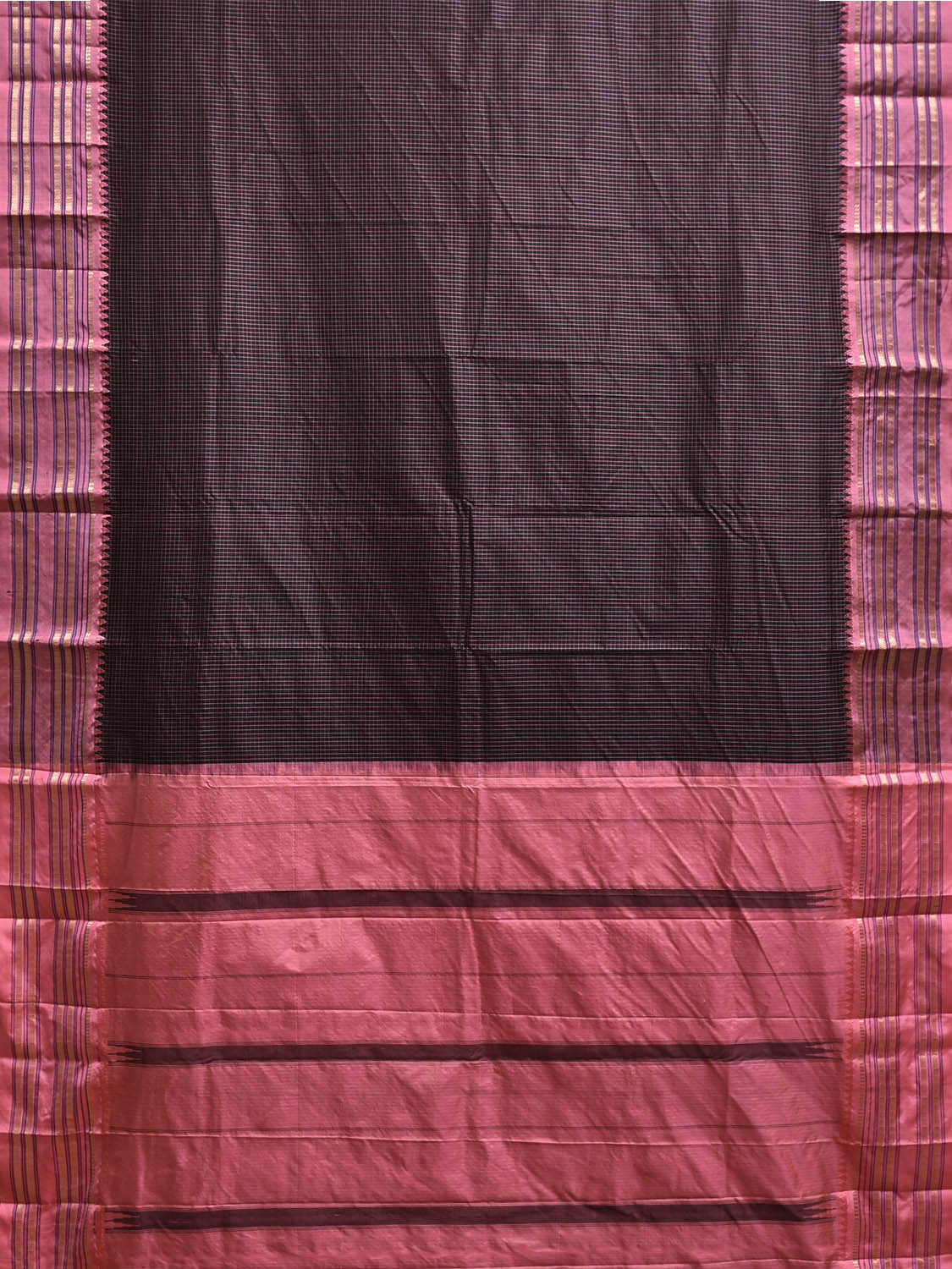 Black and Peach Narayanpet Silk Saree with Checks Design np1226