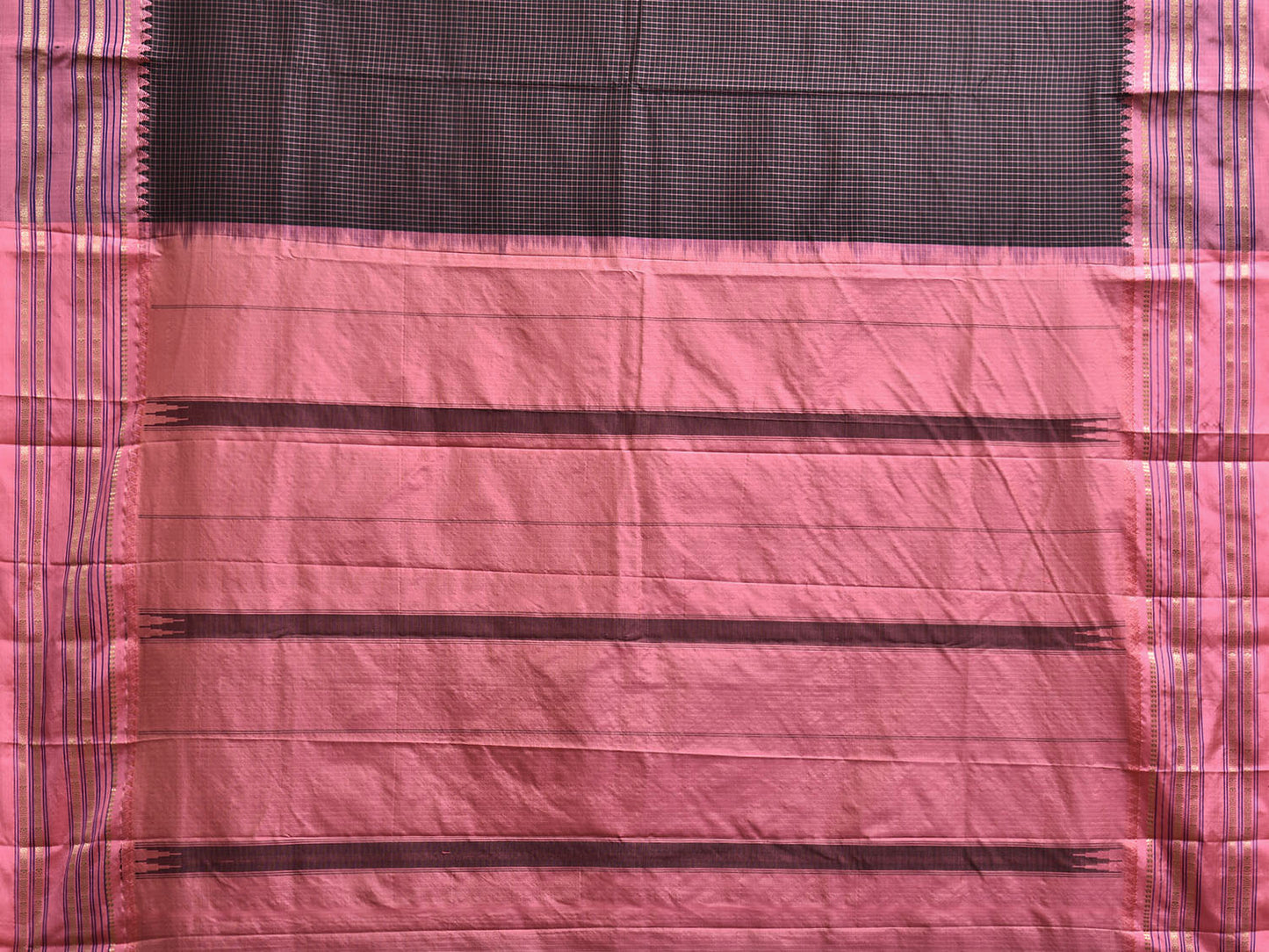 Black and Peach Narayanpet Silk Saree with Checks Design np1226