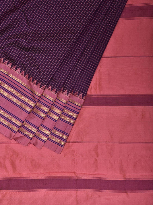 Wine and Peach Narayanpet Silk Saree with Checks Design np1228