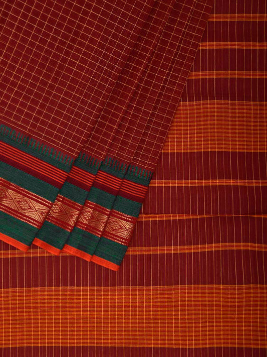 Dark Red and Green Narayanpet Cotton Saree with Checks and Strips Pallu Design No Blouse np1235