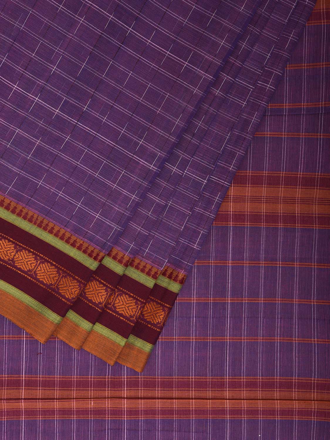 Lavender and Maroon Narayanpet Cotton Saree with Checks and Strips Pallu Design No Blouse np1236