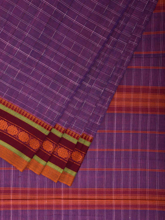 Lavender and Maroon Narayanpet Cotton Saree with Checks and Strips Pallu Design No Blouse np1236