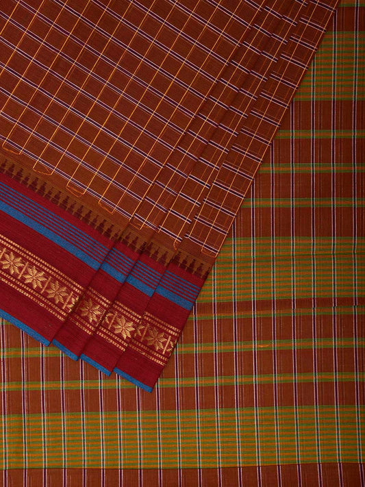 Rust and Dark Red Narayanpet Cotton Saree with Checks and Strips Pallu Design No Blouse np1238