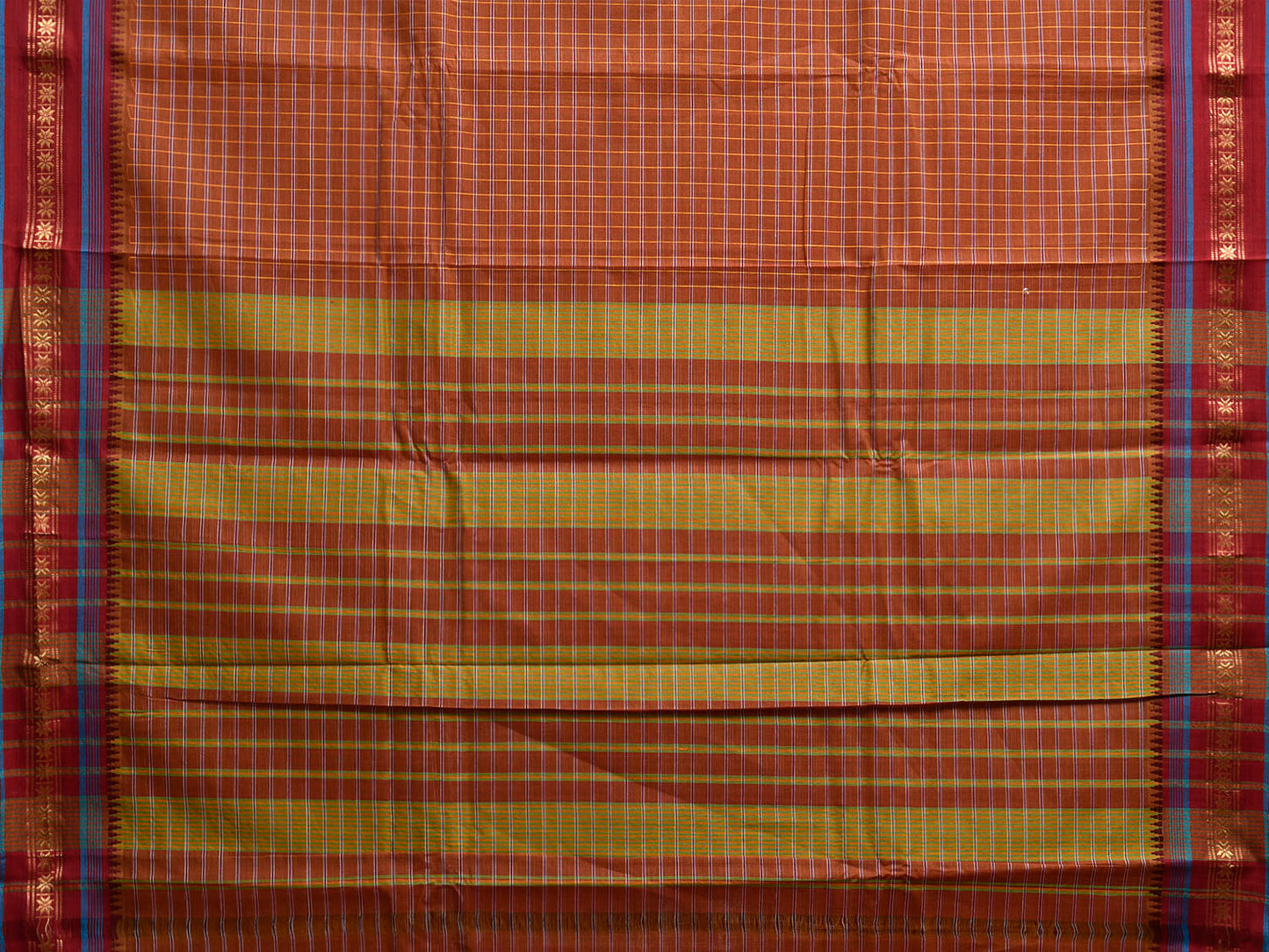 Rust and Dark Red Narayanpet Cotton Saree with Checks and Strips Pallu Design No Blouse np1238