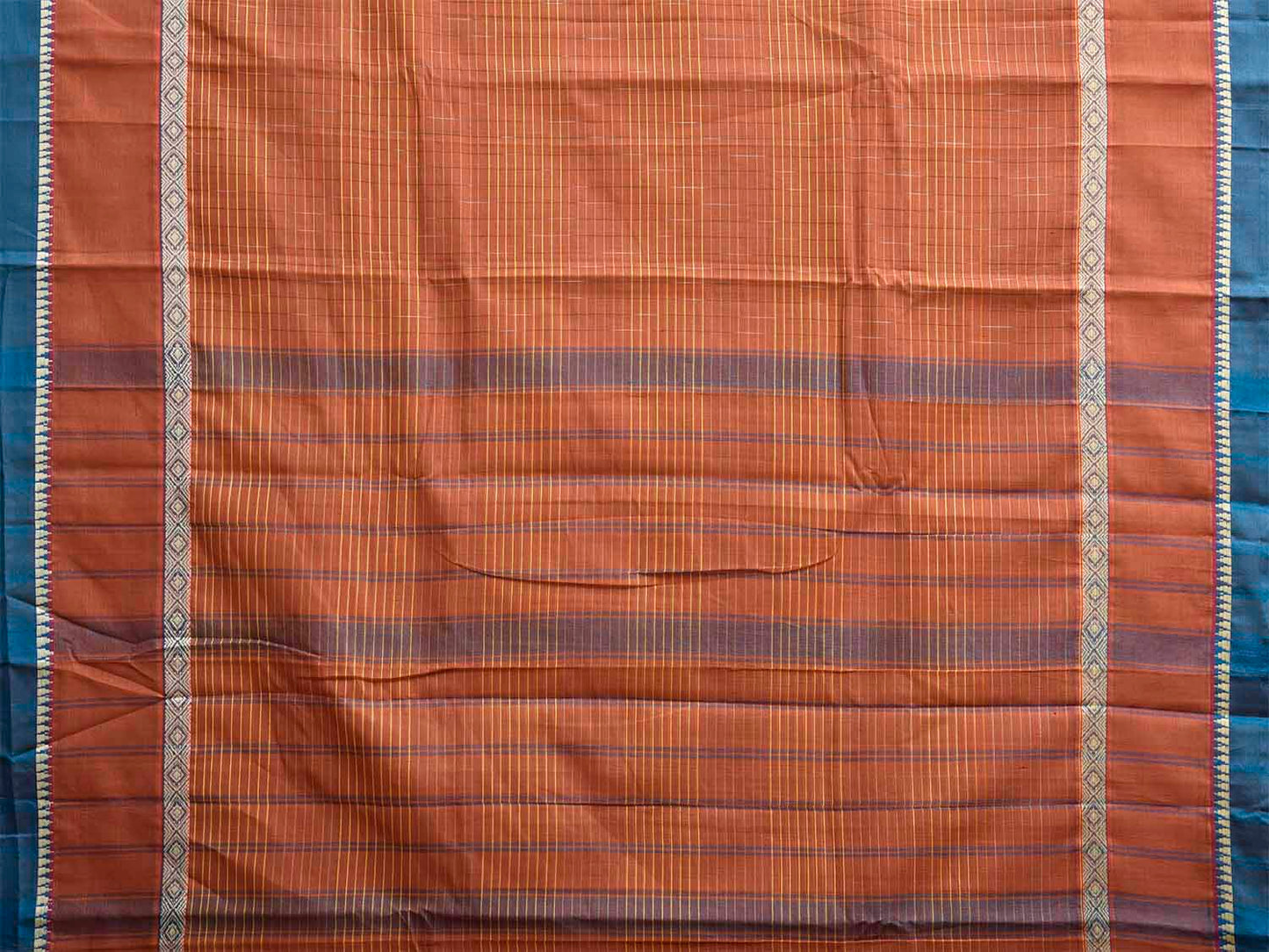 Rust and Teal Narayanpet Cotton Saree with Strips and Big Border Design No Blouse np1240