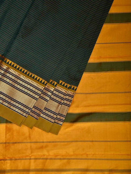 Dark Green and Yellow Narayanpet Silk Saree with Strips Design np1242
