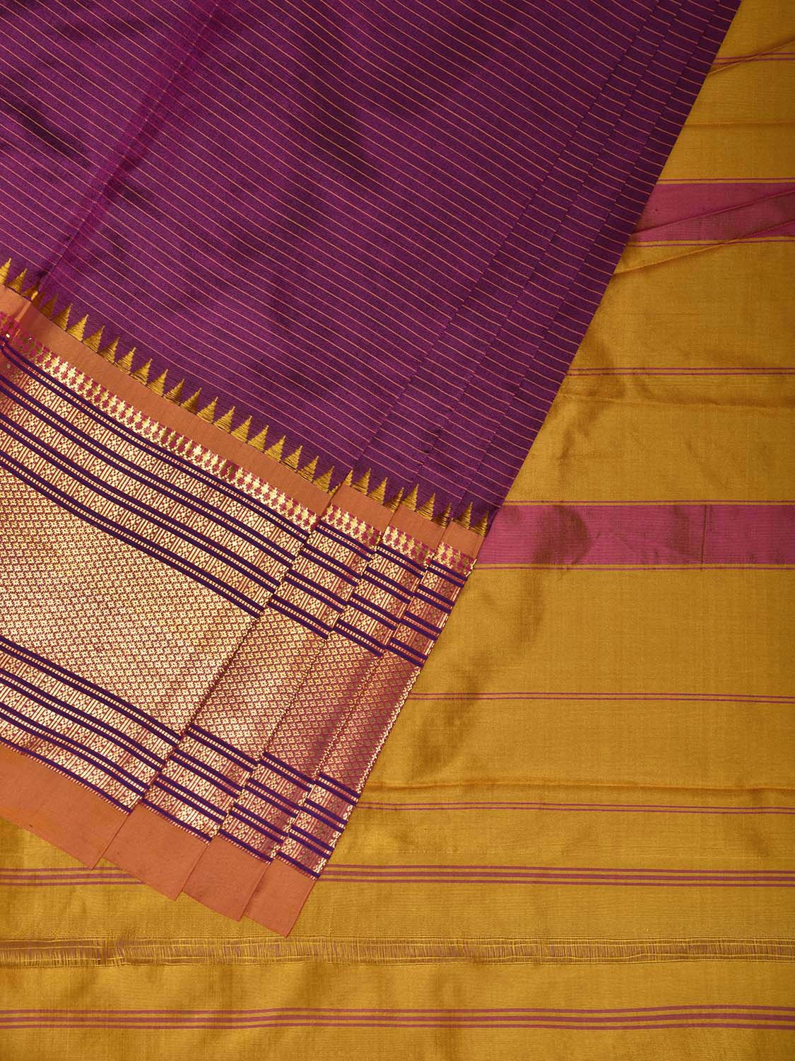 Pink and Yellow Narayanpet Silk Saree with Strips Design np1244