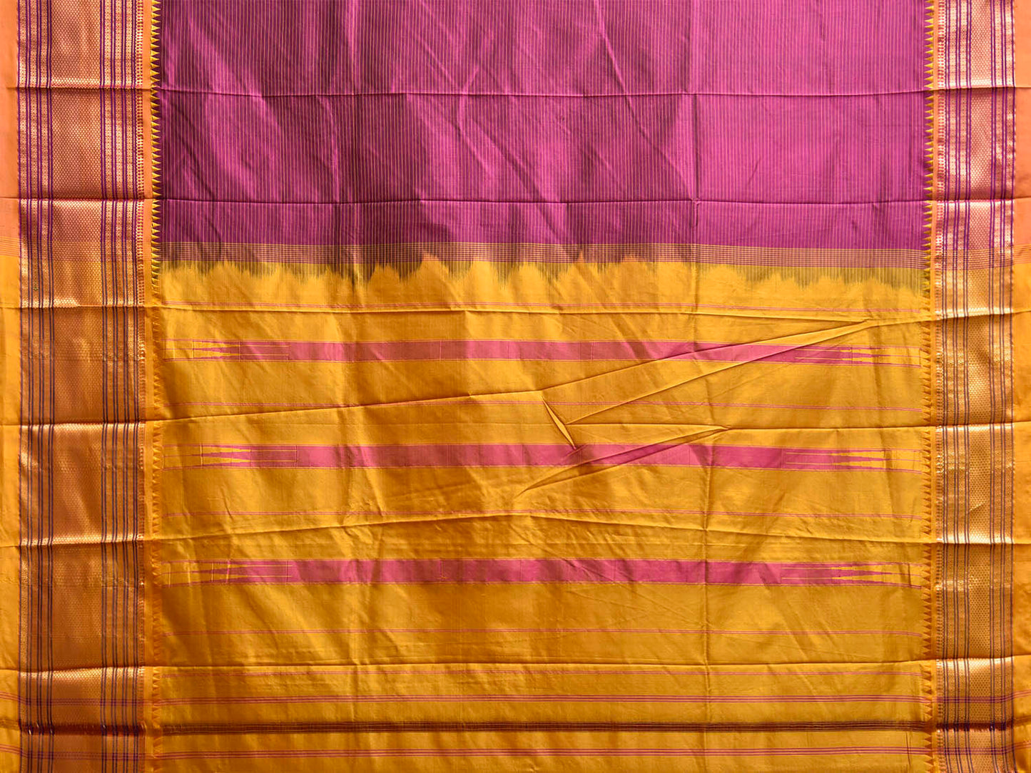 Pink and Yellow Narayanpet Silk Saree with Strips Design np1244