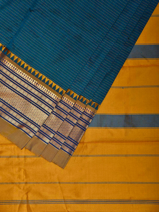 Teal and Yellow Narayanpet Silk Saree with Strips Design np1245