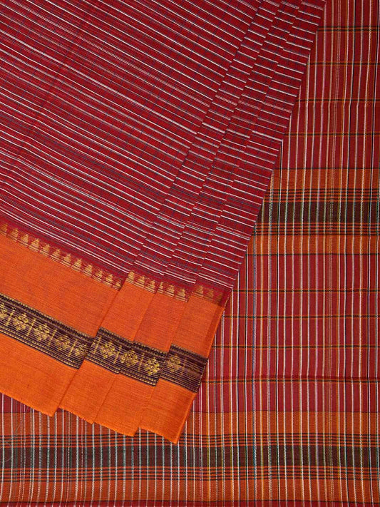 Red and Yellow Narayanpet Cotton Handloom Saree with Strips Design No Blouse np1248