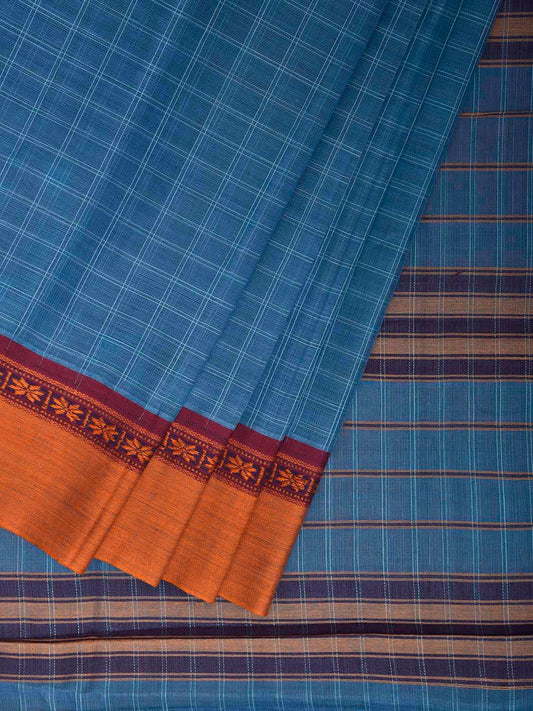 Blue and Yellow Narayanpet Cotton Handloom Saree with Checks Design No Blouse np1249