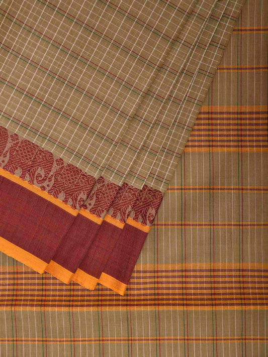 Cream and Maroon Narayanpet Cotton Handloom Saree with Strips and Elephant Border Design No Blouse np1250
