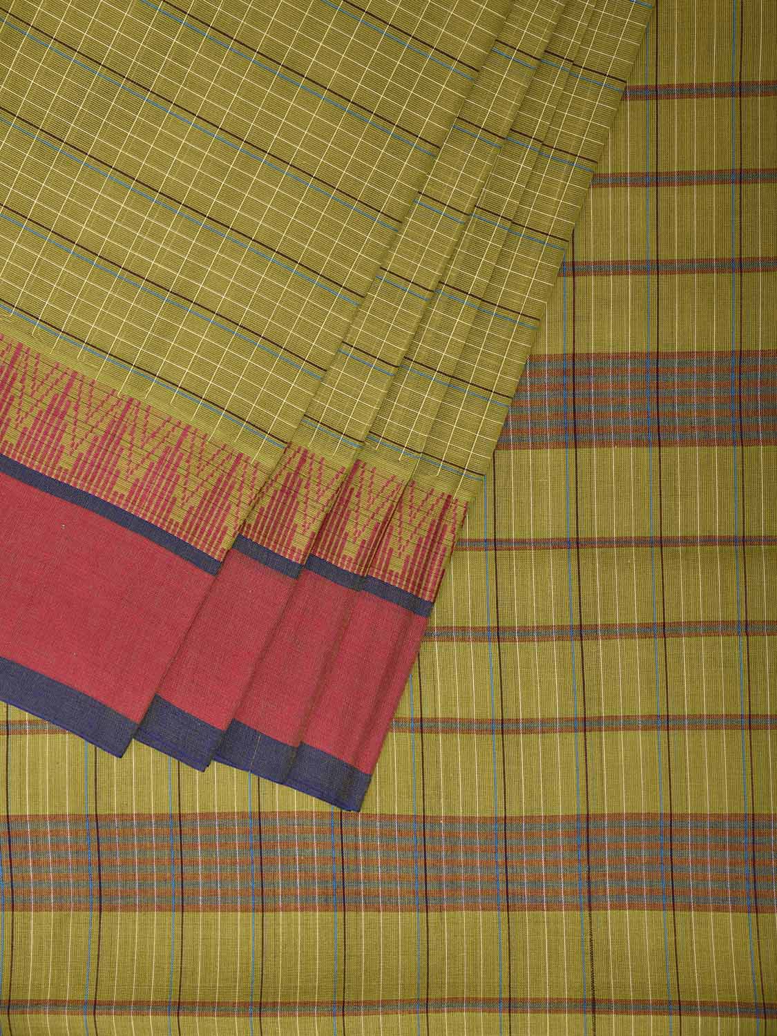 Green and Pink Narayanpet Cotton Handloom Saree with Strips and Temple Border Design No Blouse np1251