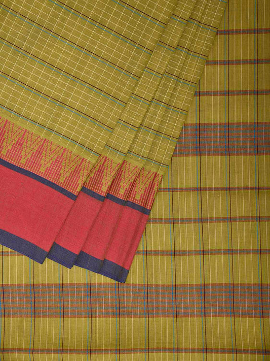 Green and Pink Narayanpet Cotton Handloom Saree with Strips and Temple Border Design No Blouse np1251