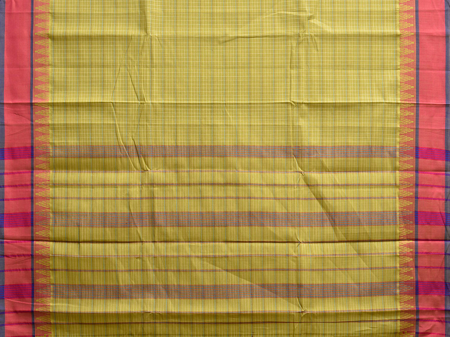 Green and Pink Narayanpet Cotton Handloom Saree with Strips and Temple Border Design No Blouse np1251