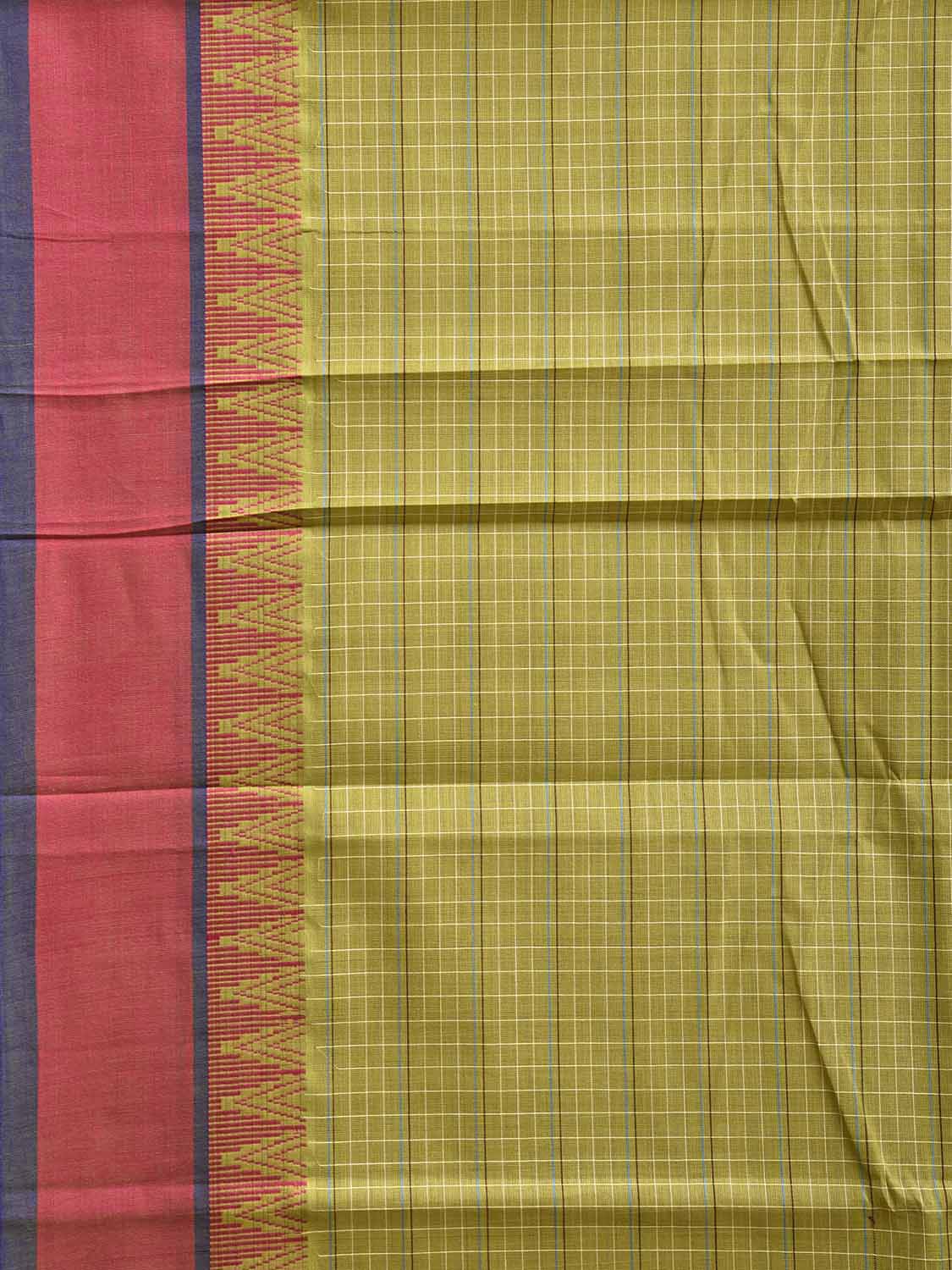 Green and Pink Narayanpet Cotton Handloom Saree with Strips and Temple Border Design No Blouse np1251